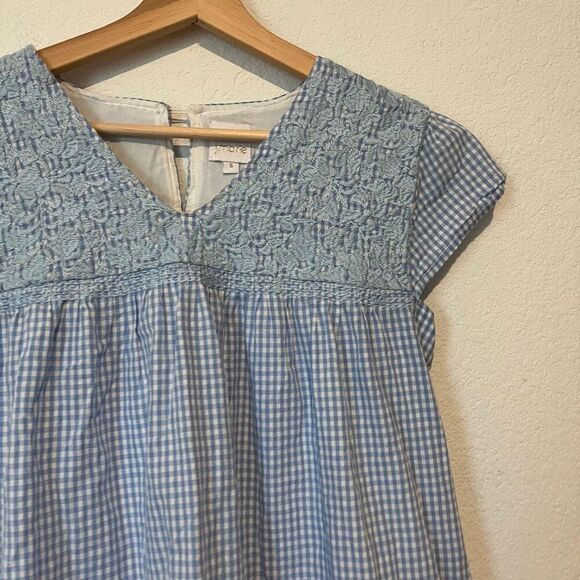 J. Marie Blue GIngham Plaid Lace Embroidered Tiered Mini Dress Womens Size Small - Picture 3 of 6